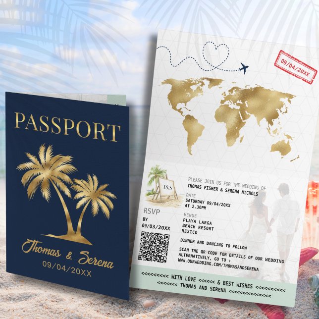 Invitación QR Code Palm Tree Passport Style Wedding (Subido por el creador)