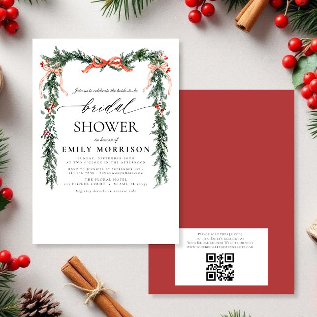 Invitación QR Code Pine Bow Christmas Bridal Shower (Subido por el creador)