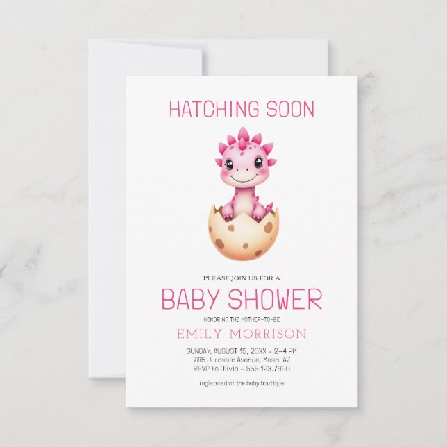 Invitación QR Code Pink Dinosaur Hatching Soon Baby Shower (Anverso)