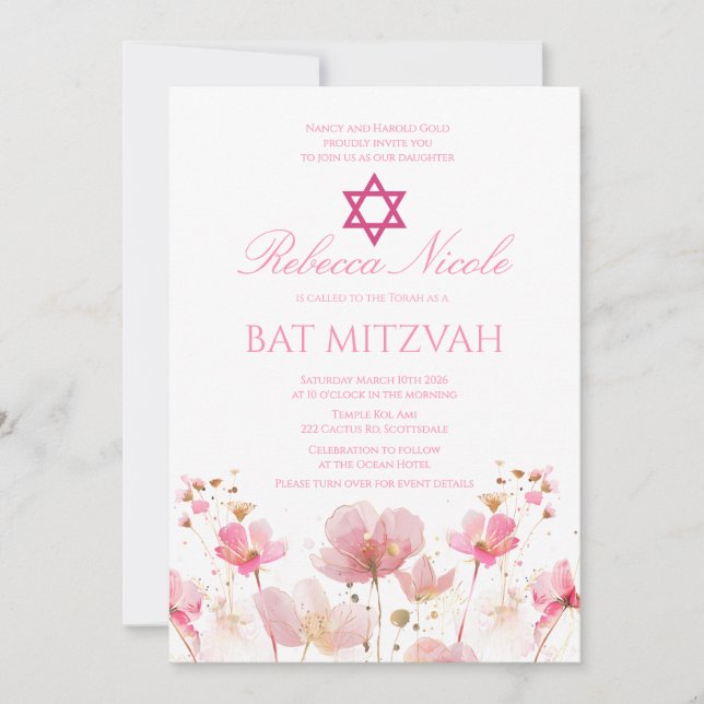 Invitación QR Code Pink Watercolor Floral Bat Mitzvah  (Anverso)