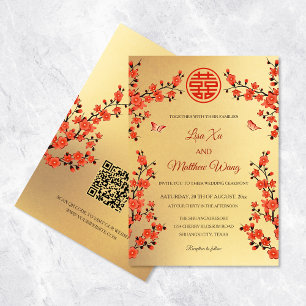 Invitación QR Code Red Cherry Blossom   Boda chino