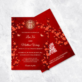 Invitación QR Code Red Cherry Blossom | Boda chino
