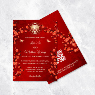 Invitación QR Code Red Cherry Blossom   Boda chino