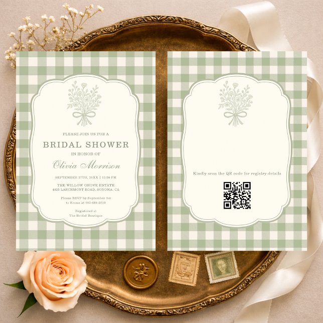 Invitación QR Code Sage Green Gingham Floral Bridal Shower (Subido por el creador)