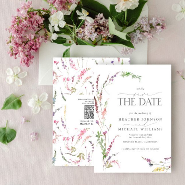 Invitación QR Code Save the Date Elegant Wildflower Floral (Subido por el creador)