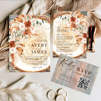 Invitación QR Code Wedding Invitation Boho Pampas Wood Slice 