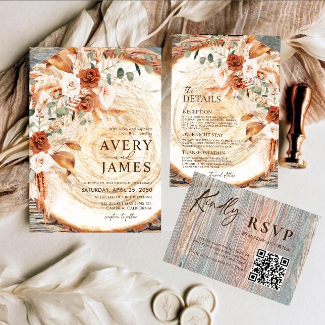 Invitación QR Code Wedding Invitation Boho Pampas Wood Slice  (Subido por el creador)