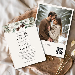 Invitación QR Code Winter Photo Elegant Boda Evergreen