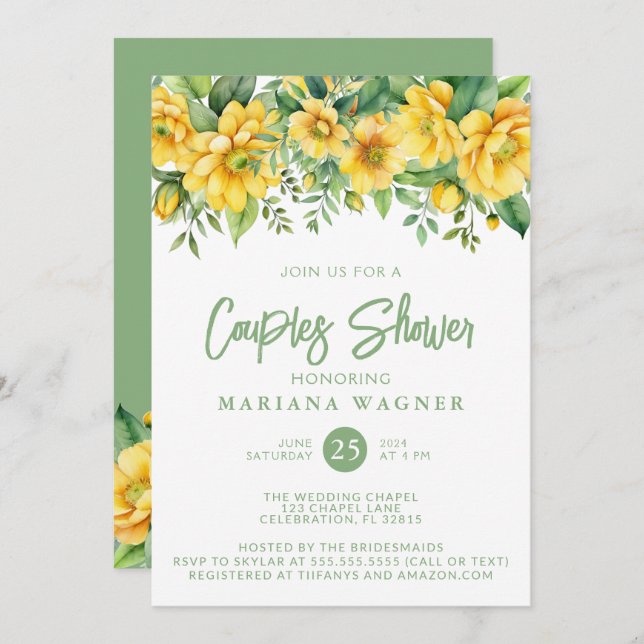 Invitación QR Code Yellow Sage Floral Couples Shower  (Anverso / Reverso)