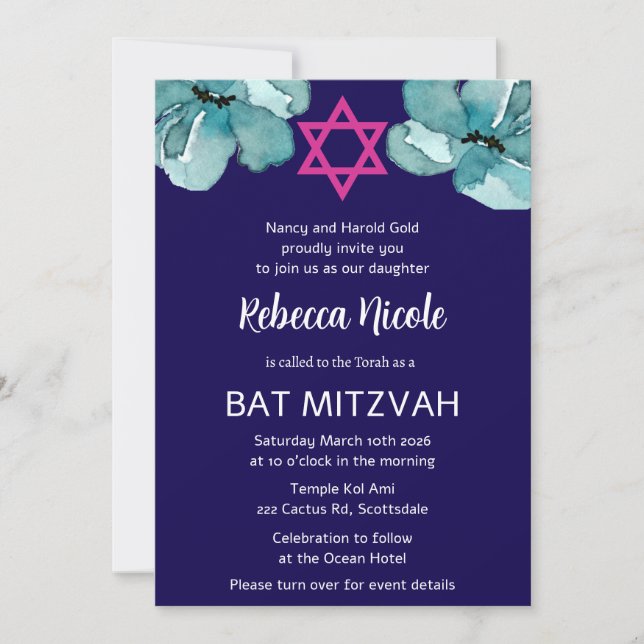 Invitación QR Código Agua Rosa Floral Bat Mitzvah (Anverso)