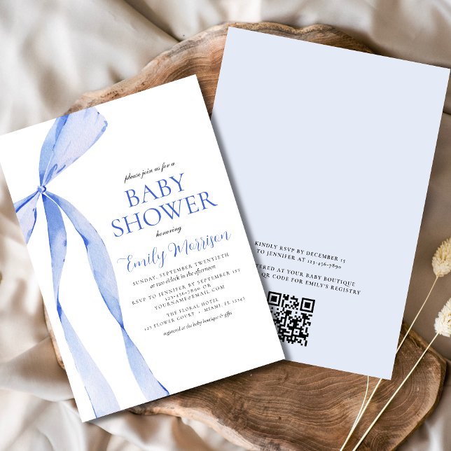 Invitación QR Código azul acuarela Bow Boy Baby Shower (Subido por el creador)