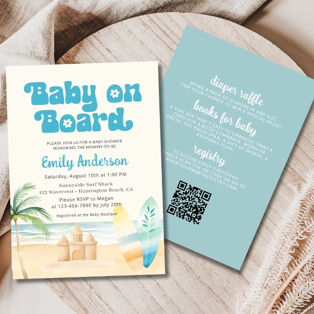 Invitación QR Código Baby a bordo Surfboard Beach Shower Boy (Subido por el creador)