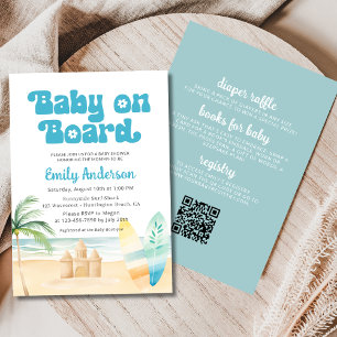 Invitación QR Código Baby a bordo Surfboard Beach Shower Boy