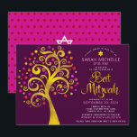 Invitación QR Código Bat Mitzvah Burgundy Gold Tree of Life<br><div class="desc">¡Estén orgullosos, regocijaos y exhiban este hito de su Bat Mitzvah favorito! Envíe esta invitación de código QR audaz, moderna y personalizada para que un evento recuerde. Un divertido y gráfico árbol de Relieve metalizado de oro falso con brillantes "hojas" rosadas, naranjas y rojas Estrella de David y "hojas" de...</div>
