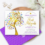 Invitación QR Código Bat Mitzvah Purple Gold Tree of Life Bol<br><div class="desc">¡Estén orgullosos, regocijaos y exhiban este hito de su Bat Mitzvah favorito! Envíe esta invitación de código QR audaz, moderna y personalizada para que un evento recuerde. Un divertido y gráfico árbol de Relieve metalizado de oro falso con brillante color turquesa, verde azulado, morado y azul Estrella de David y...</div>