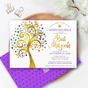 Invitación QR Código Bat Mitzvah Purple Gold Tree of Life Bol