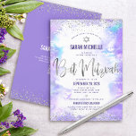 Invitación QR Código Bat Mitzvah Relieve metalizado plateado<br><div class="desc">¡Estén orgullosos, regocijaos y exhiban este hito de su Bat Mitzvah favorito! Envíe esta impresionante, moderna y personalizada invitación al código QR para un evento que recordar. Sparkly imitación de escritura de Relieve metalizado plateado, puntos purpurinas, Estrella de David y tipografía manuscrita superponen un fondo de color morado claro. En...</div>