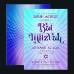 Invitación QR Código Bat Mitzvah Retro Azul Gradiente Púrpura<br><div class="desc">¡Estén orgullosos, regocijaos y exhiban este hito de su Bat Mitzvah favorito! Envíe esta divertida invitación retro boho, personalizada de código QR para un evento que recordar. Tipografía divertida, de moda, audaz morada y azul marino con la tipografía moderna sans serif superpone un fondo de rayos pop turquesa y morado...</div>