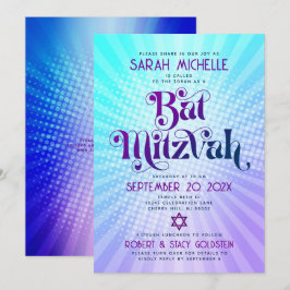 Invitación QR Código Bat Mitzvah Retro Azul Gradiente Púrpura