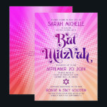Invitación QR Código Bat Mitzvah Retro Naranja Rosado Gradien<br><div class="desc">¡Estén orgullosos, regocijaos y exhiban este hito de su Bat Mitzvah favorito! Envíe esta divertida invitación retro boho, personalizada de código QR para un evento que recordar. Tipografía divertida, moderna, audaz, rosa oscuro y rosa oscuro con la tipografía moderna sans serif sobre un fondo de naranja de luz pop y...</div>