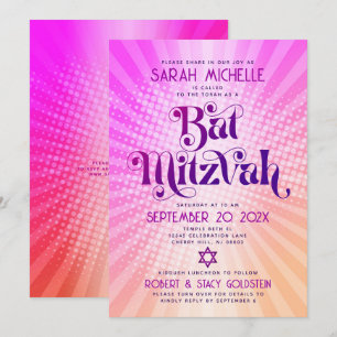 Invitación QR Código Bat Mitzvah Retro Naranja Rosado Gradien
