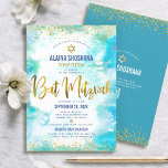 Invitación QR Código Bat Mitzvah Turquoise Relieve metalizado<br><div class="desc">¡Estén orgullosos, regocijaos y exhiban este hito de su Bat Mitzvah favorito! Envíe esta impresionante, moderna y personalizada invitación al código QR para un evento que recordar. Sparkly imitación del guión de Relieve metalizado dorado, puntos purpurinas, Estrella de David y tipografía manuscrita superponen un fondo color azul turquesa de color...</div>