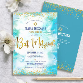 Invitación QR Código Bat Mitzvah Turquoise Relieve metalizado