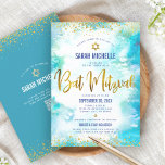 Invitación QR Código Bat Mitzvah Turquoise Watercolor Relieve<br><div class="desc">¡Estén orgullosos, regocijaos y exhiban este hito de su Bat Mitzvah favorito! Envíe esta impresionante, moderna y personalizada invitación al código QR para un evento que recordar. Sparkly imitación del guión de Relieve metalizado dorado, puntos purpurinas, Estrella de David y tipografía manuscrita superponen un fondo de color turquesa. Al dorso,...</div>