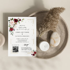Invitación QR Código Borgoña Boda de oro floral rosa