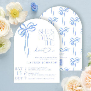 Invitación QR Código Bow está atando la ducha azul Knot
