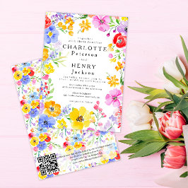 Invitación QR Código Colorido acuarela Floral Primavera Boda