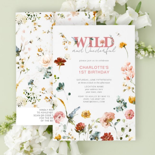 Invitación QR Código Floral Rosa Salvaje y Maravilloso Primer (QR Code 1st Birthday Invitation)