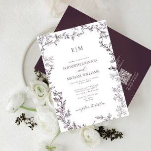 Invitación QR Código Leaf Plum Purple Elegant Monograma Boda