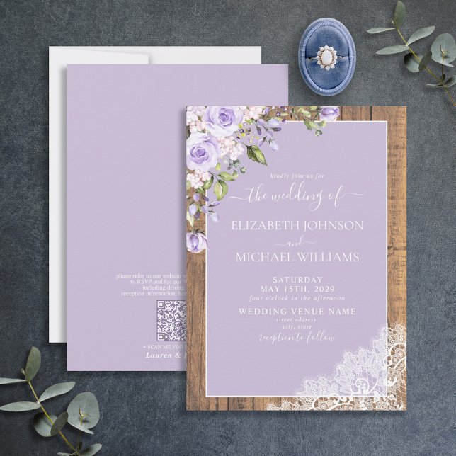 Invitación QR Código Lilac Lavender Rústico Boda de encaje de (Subido por el creador)
