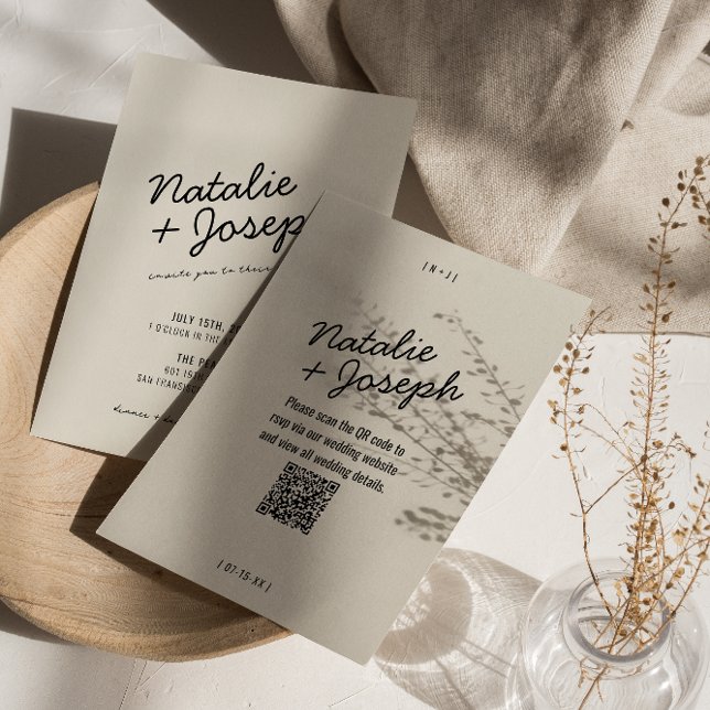 Invitación QR Código moderno crema negra retro Boda capricho (Subido por el creador)