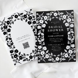 Invitación QR Código Negro Folklore Floral Bridal Shower