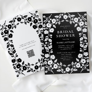 Invitación QR Código Negro Folklore Floral Bridal Shower