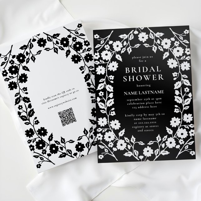 Invitación QR Código Negro Folklore Floral Bridal Shower (Subido por el creador)