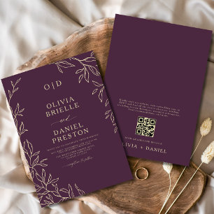 Invitación QR Código Plum Purple & Gold Boda de hoja mínima