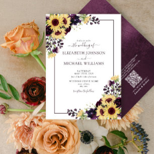 Invitación QR Código Plum Purple Sunflower Watercolor Boda
