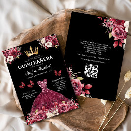 Invitación QR Código Quinceanera Floral Borgoña Princesa