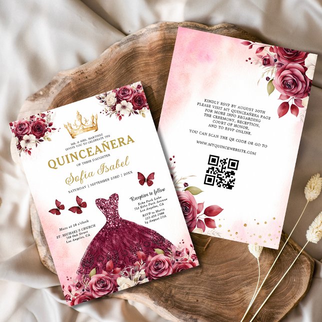 Invitación QR Código Quinceanera Floral Borgoña Princesa (Subido por el creador)