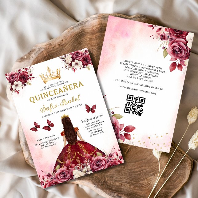 Invitación QR Código Quinceanera Floral Borgoña Princesa (Subido por el creador)