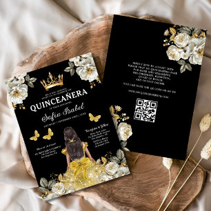 Invitación QR Código Quinceanera Floral Gold Princess