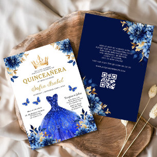 Invitación QR Código Quinceanera Floral Royal Blue Princess