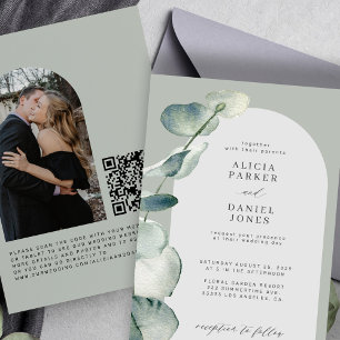 Invitación QR CÓDIGO sabio eucalipto verde arco FOTO boda