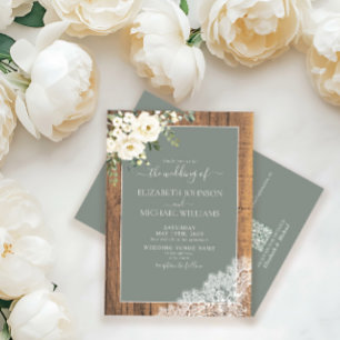 Invitación QR Código Sage Green Rustic Wood Script Boda Invi