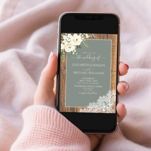 Invitación QR Código Sage Green Rustic Wood Script Boda Invi