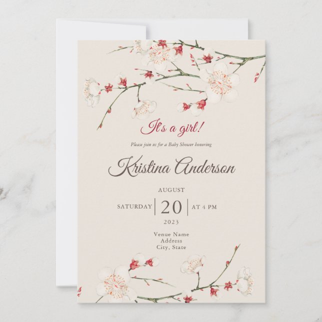 Invitación QR Código Vintage Blossom Chica Red Baby Shower (Anverso)