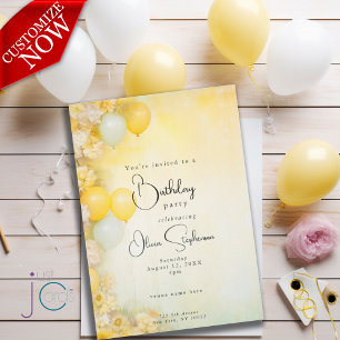 Invitación QR Cumpleaños Vivid Lemon Yellow Floral